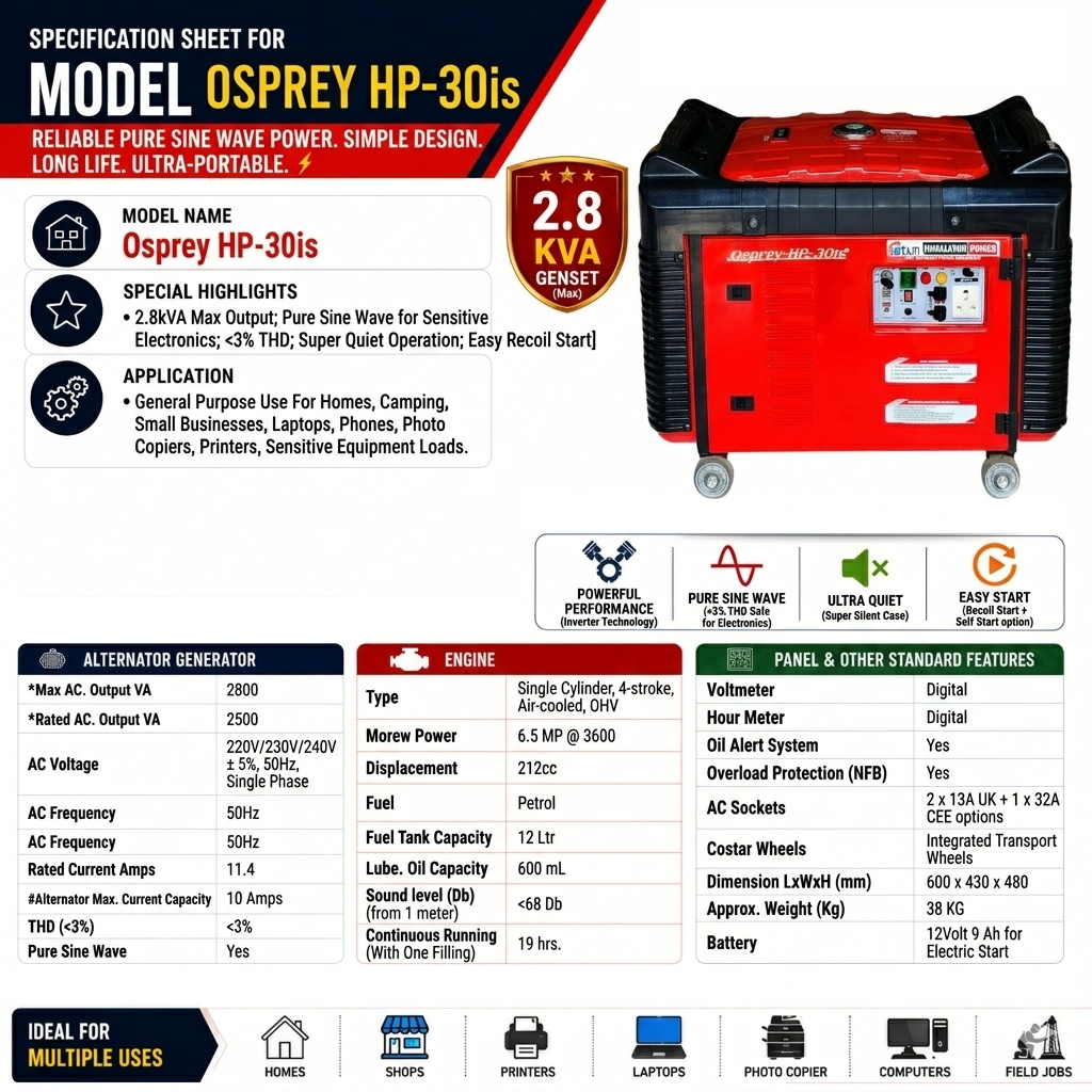 3 KVA Digital Inverter Petrol Generator, Recoil & Self Start,  Model Osprey HP-30is